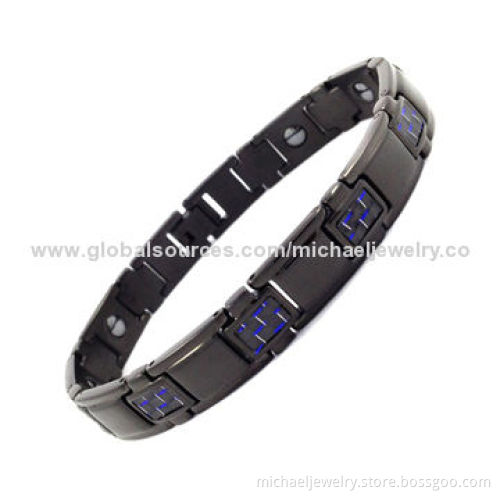 Magnetic Stainless Steel Bracelets with Bio-healthy Elements, IP Black Plated and Blue Carbon Fiber